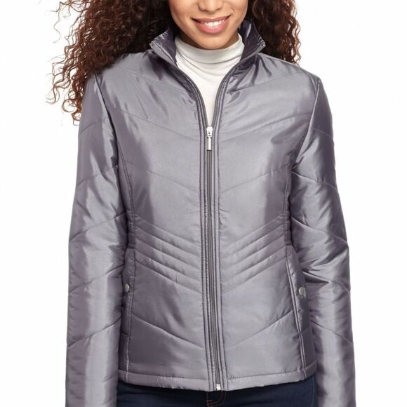 New! JANE ASHLEY Diamond Quilted Light Puffer Jacket Coat Pewter Metallic Small - Picture 3 of 3